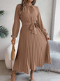 Autumn Winter Elegant Stand Collar Long Sleeve Cinched Pleated Maxi Dress Small Dress Women Clothing