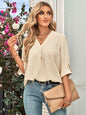 Spring Summer Women Solid Color Loose V neck Sleeves Top