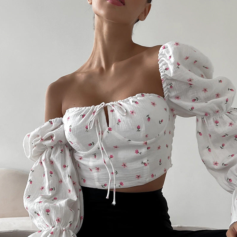 Women Summer Fresh Sweet French Square Collar Bubble Long Sleeve Knotted Short Floral Top Women