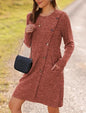 Women Clothing Round Neck Side Button Pocket Long Sleeve Waist Dress