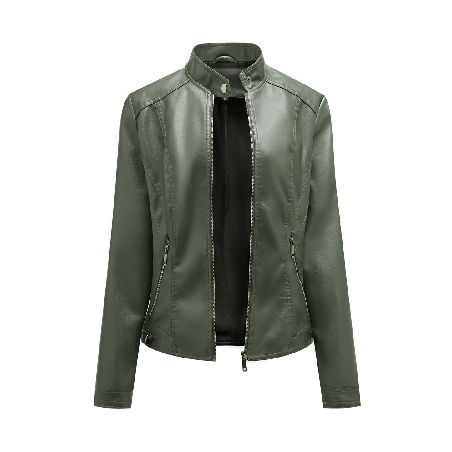 Simple Casual Leather Clothing Women Stand Collar Zipper Slim Fit Motorcycle Clothing Short Coat Women