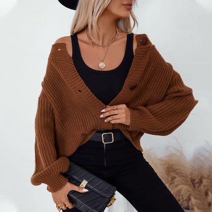 Autumn Winter Solid Color Single Breasted Knitted Cardigan Women Clothes Loose Fitting Long Sleeve Sweater Coat