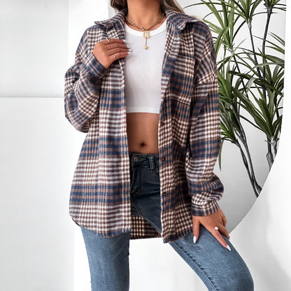 Women  Clothing Plaid Shirt Collared Bat Sleeve Coat Dress