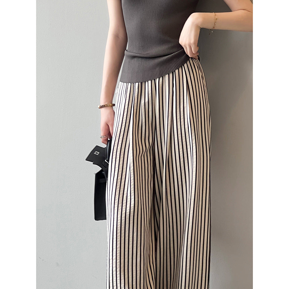 Korean Elastic Waist Striped Wide Leg Pants Women Autumn Loose Casual Straight Trousers