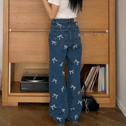 Personalized Bow Print Sweet Spicy Cool Girl Low Waist Basic Profile Casual Straight Leg Denim Trousers Summer