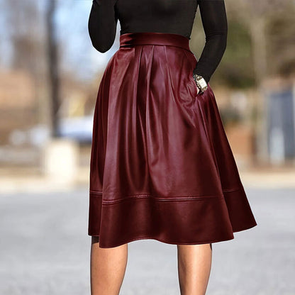 Spring Summer Faux Leather Skirt Hem Pleated Elegant Sexy Leather Skirt A Line Skirt