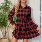 Women Plaid Dress Little Girl Clothes Dress Casual Waist Dress Long Sleeve Autumn Dress with Pockets