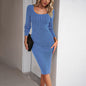 Square Collar Woolen Dress Autumn Winter Elegant Sheath Dress