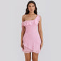 Sexy Women High Grade Chiffon Ruffled Oblique Shoulder French Dress Sweet Spicy Pink Small