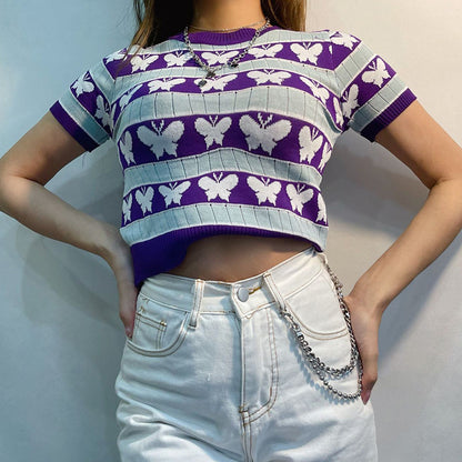 Short Sleeve Butterfly Girl Knitted Lining Taro Purple Knitted T shirt