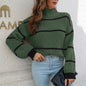 Women Clothing Autumn Winter Mock Neck Stripes Long Sleeve Casual Loose Pullover