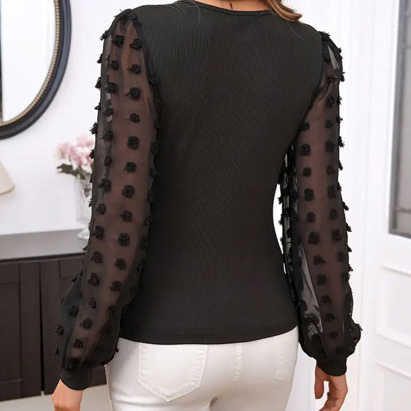 Women Clothing Elegant Jacquard Fabric Stretch Top Slim Fit See through V neck Puff Sleeve Long Sleeve T shirt