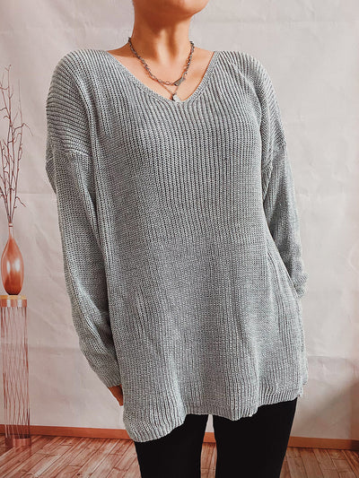 Simple Loose Solid Color Large V neck Long Sleeve Thin Knitted Pullover Sweater