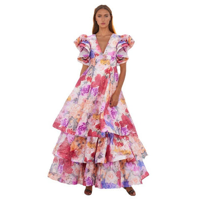 Summer V neck Heavy Industry Printing Cake Multi Layer Maxi Dress