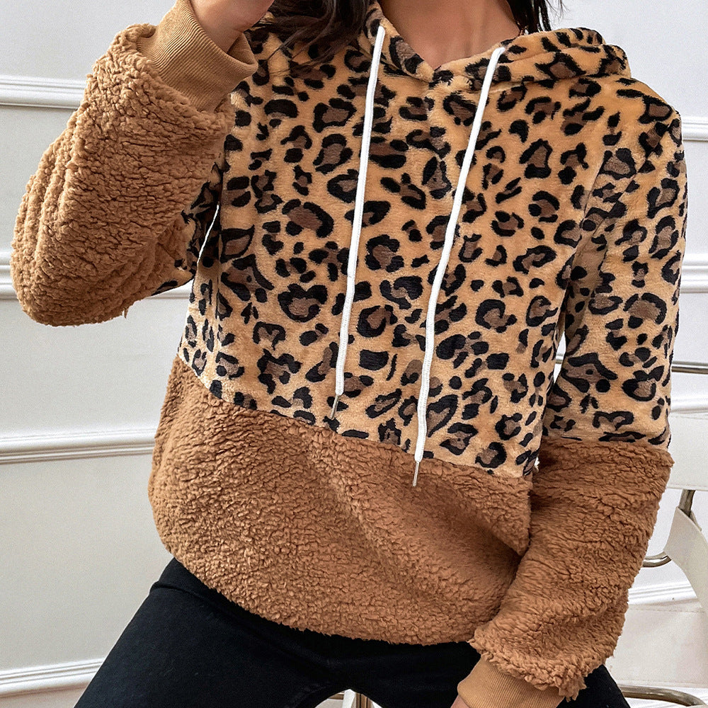 Autumn Winter Women Clothing Hooded Fluffy Leopard Patchwork Sweater Fleece Shirt Women Top