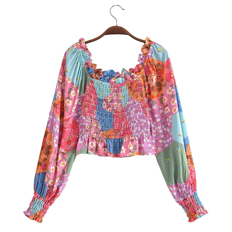 Printed Shirt Square Collar Long Sleeve Women Autumn Wooden Ear Elastic off Shoulder Small Shirt