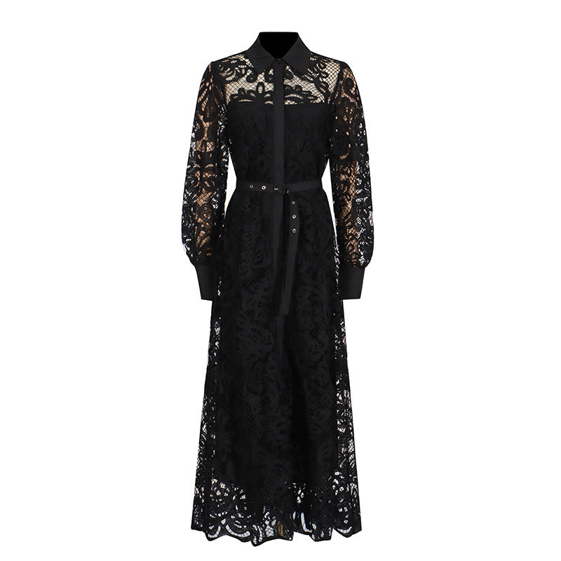 French Artistic Retro Dress Autumn Collared Machine Embroidery Hollow Out Cutout Out Cinched Dress Women