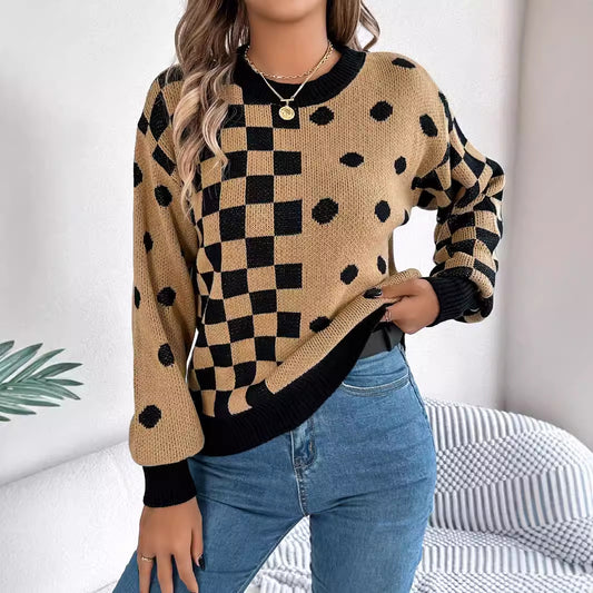 Autumn Winter Casual Contrast Color Dot Plaid Lantern Sleeve Pullover Sweater Women Clothing