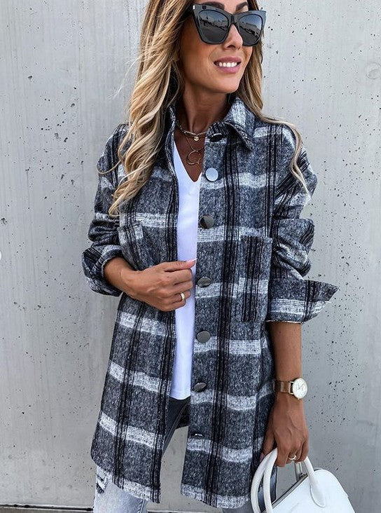 Autumn Winter Loose Casual Retro Plaid Long Sleeve Shacket Coat for Women