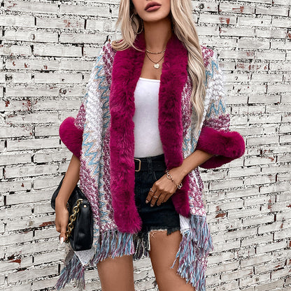 Autumn Winter Striped Knitted Tassel Cloak Women Loose Ethnic Sweater Cardigan Shawl Women