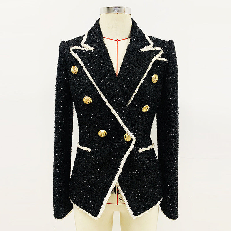 Black Fringe White Woolen Double Breasted Metal Buckle Slim Fit Blazer