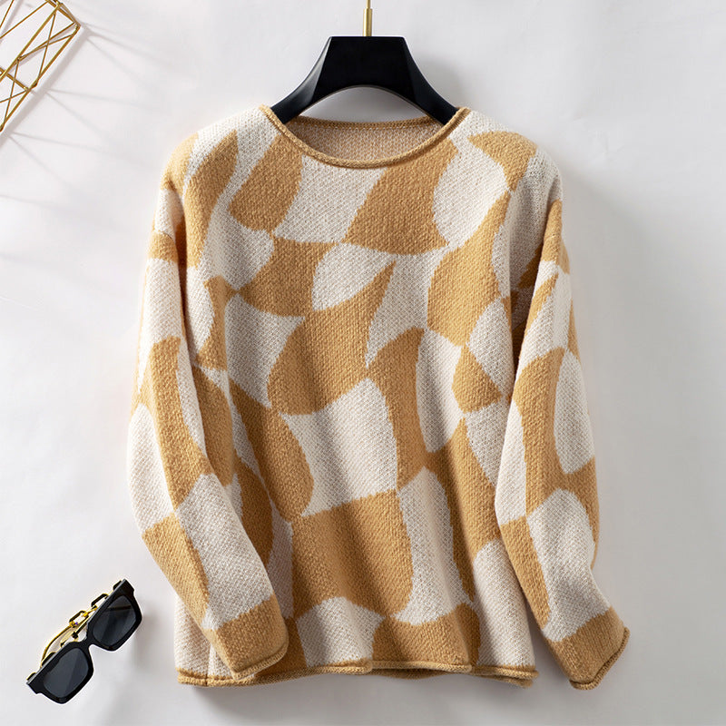 Contrast Color Pullover Sweater Women Autumn Winter Casual Loose Fitting Curl Sweater Women