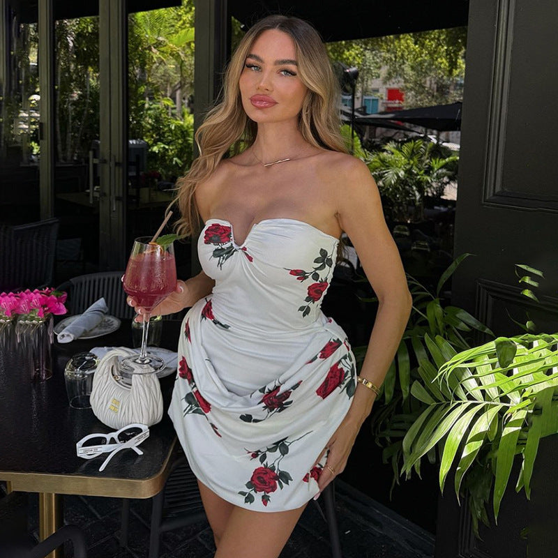 Women Clothing Summer Rose Printed V neck Elegant Backless Tube Top Package Hip Dress Women