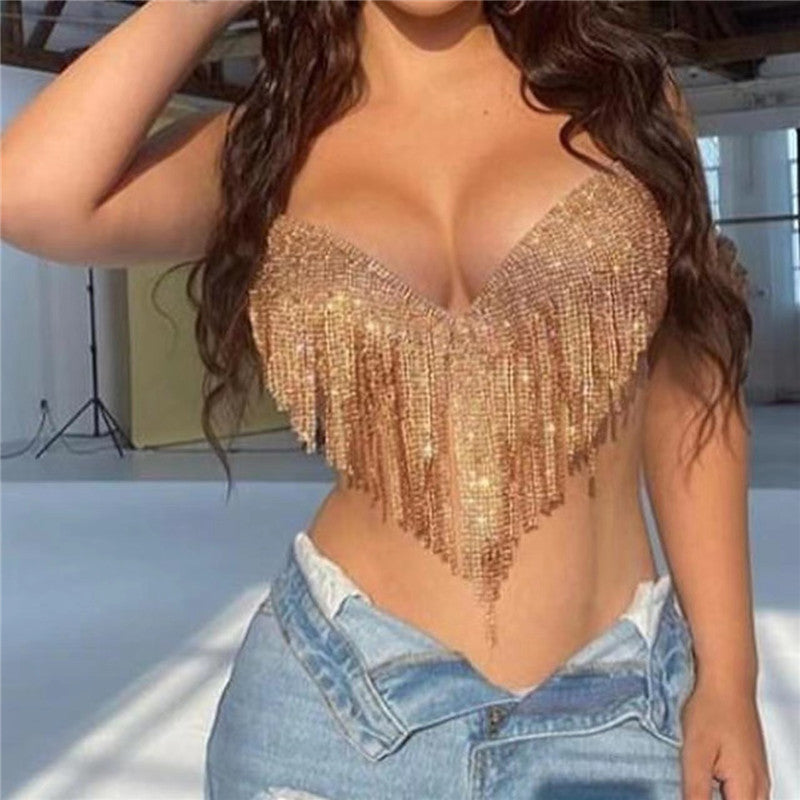 Women Clothing Sexy Full Rhinestone Hanky Hem Tassel Exposed Cropped Deep V Plunge Vest Camisole Cropped Outfit Top