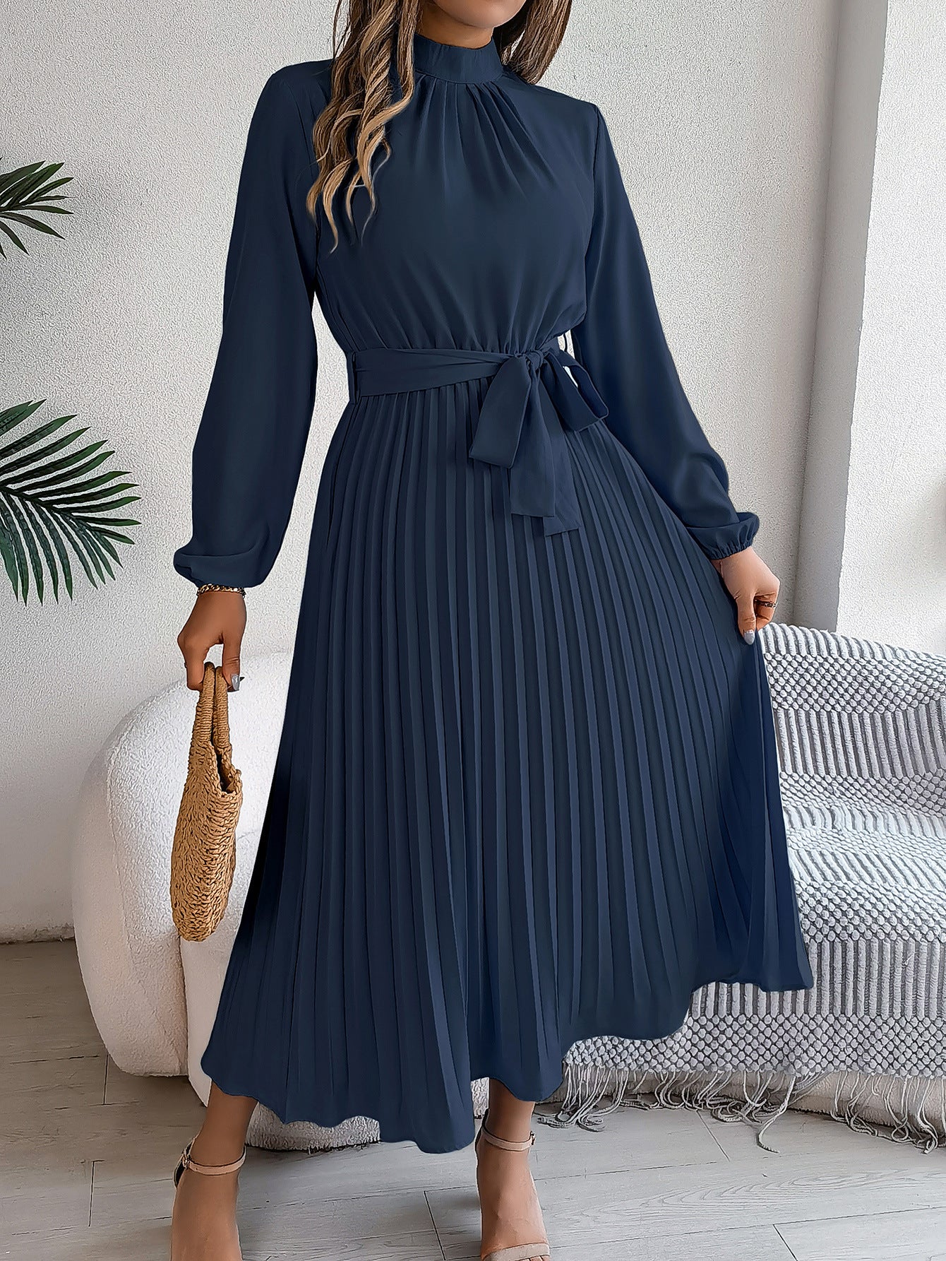 Autumn Winter Elegant Stand Collar Long Sleeve Cinched Pleated Maxi Dress Small Dress Women Clothing