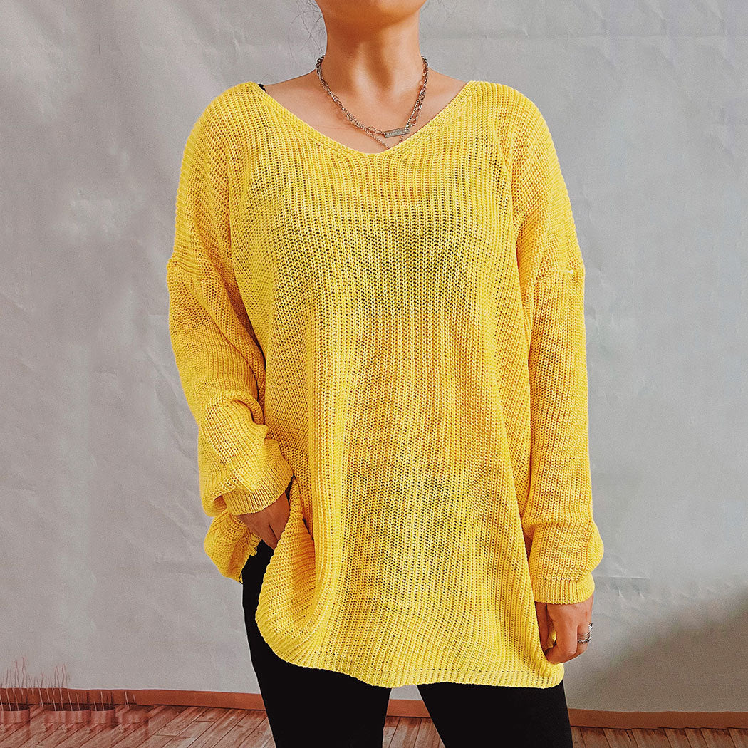 Spring Summer Casual Loose Fitting V neck Long Sleeves Simple Lightweight Sweater Pullover