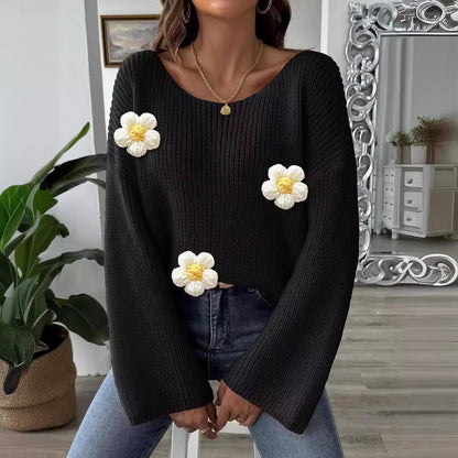 Women Pullover Sweater Patchwork Top Women Clothing Simple Loose off Shoulder off the Shoulder Flared Sleeves Sweater