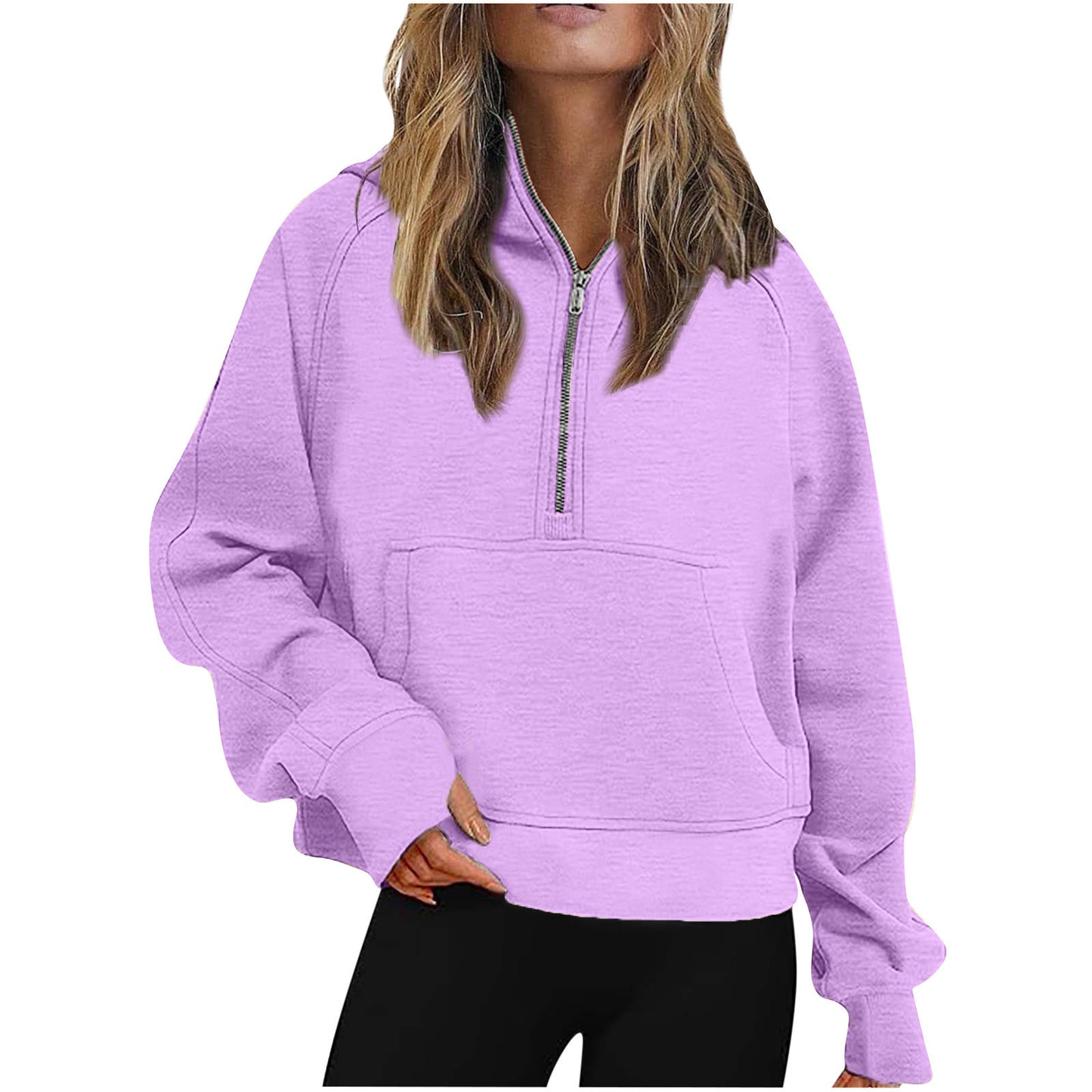 Autumn Winter Women  Scuba Sports Half Zipper Yoga Clothes Loose Short Hood Fleece Lined Sweater Sweater