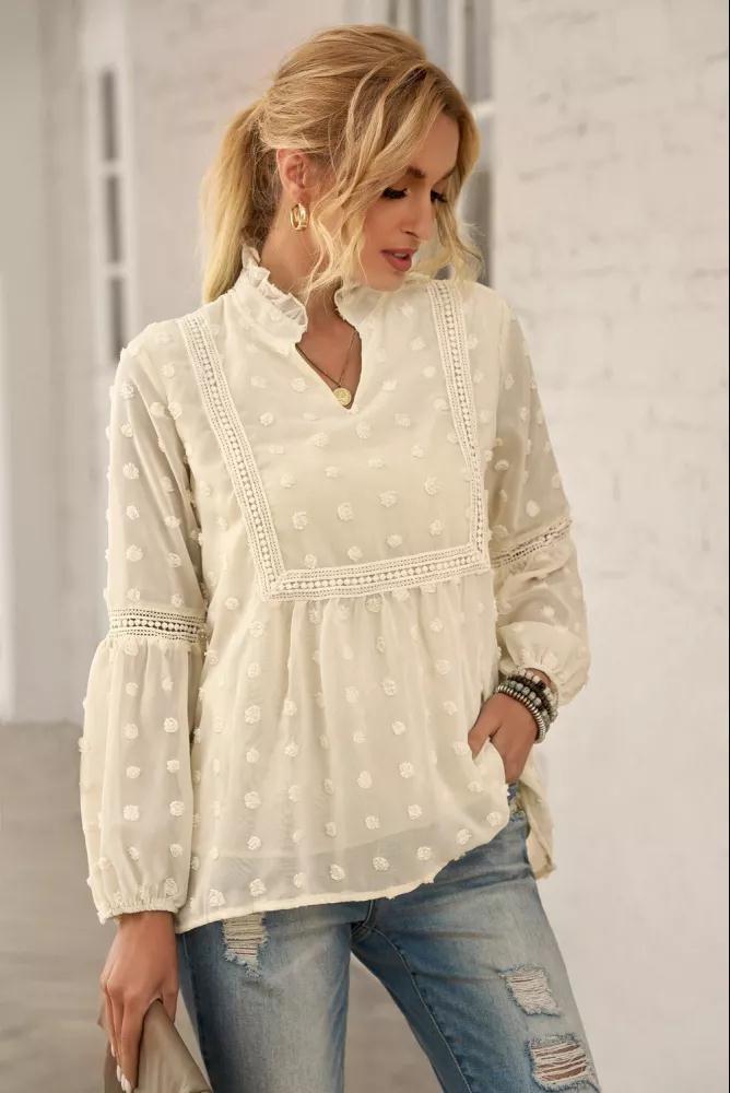 Spring Summer Loose V neck Lantern Sleeve Long Sleeve Pullover Shirt Chiffon Jacquard Solid Color