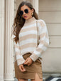 Women Half Turtleneck Pullover Long Sleeve Pearl Sweater Striped Contrast Color Chenille Top