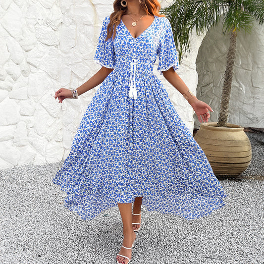 Spring Summer Women Clothing V Neck High Waist Elegant Printing Dress