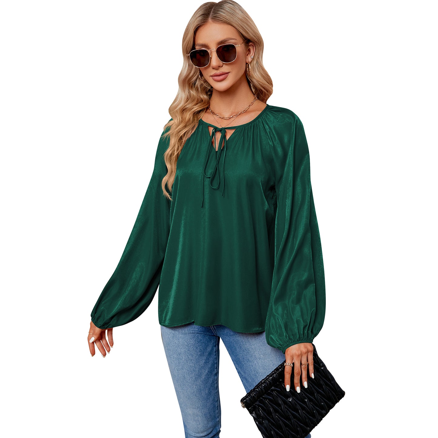 Satin Silk Shirt Women Clothing Lantern Long Sleeve Loose V Neck Lace Up Top