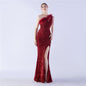 Ostrich Hair Craft Oblique Shoulder Side Slit High End Evening Dress