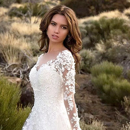 Women Clothing Dress Long Sleeve Solid Color See through Lace Bridal Wedding Dress