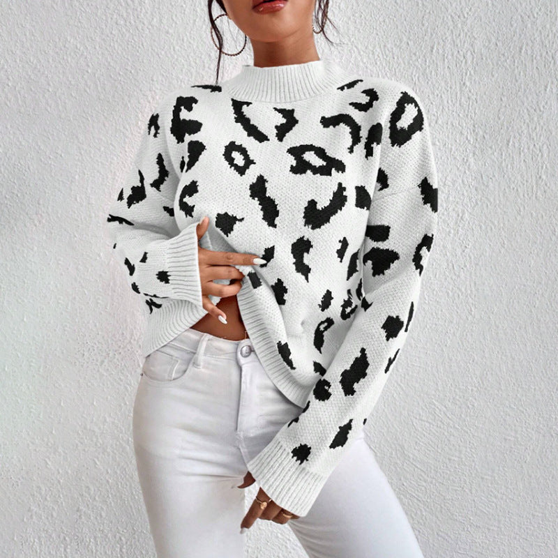 Women Clothing Sweater Pullover round Neck Sweater Spring Autumn Leopard Print Jacquard Top