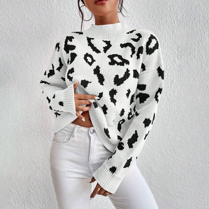 Women Clothing Sweater Pullover round Neck Sweater Spring Autumn Leopard Print Jacquard Top