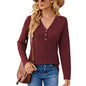 Autumn Winter Solid Color V neck Button Loose Long Sleeved T shirt Top Women Clothing Button