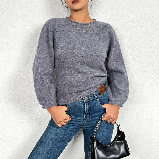 Women Clothing Spring Autumn Pullover Round Neck Threaded Long Sleeve Sweater Solid Color Casual Top