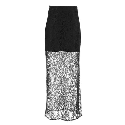 Retro Easy Matching Black Polyester Lace See through Sexy Ankle High Skirt Summer Mid Waist Office Skirt for Women