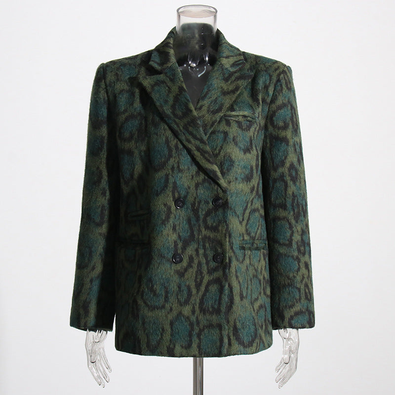 French Vintage Leopard Print Printed Blazer Fall V neck Long Sleeve Loose Casual with Big Pockets Mid Length Coat