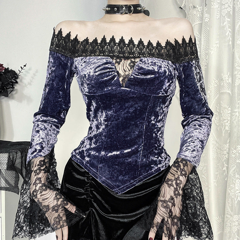 Autumn Sexy All Matching Sexy Long Sleeve Goths Velvet Off Shoulder Top Women