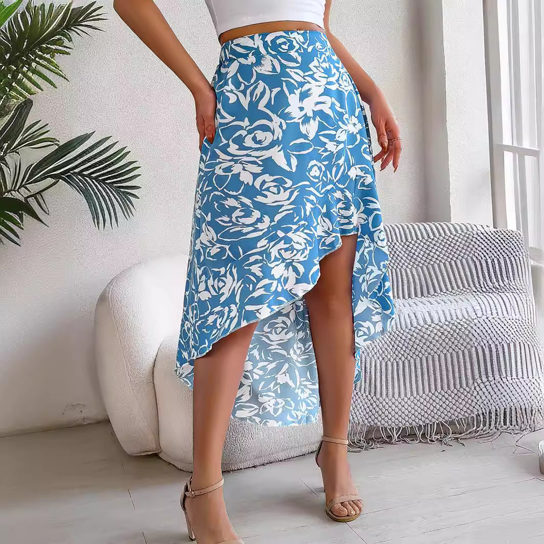 Spring Summer Floral Ruffled Mid Length Irregular Asymmetric Skirt Women Clothing