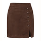 Temu Autumn Winter Women Solid Color Suede Skirt High Waist Metal Buckle Hip Skirt