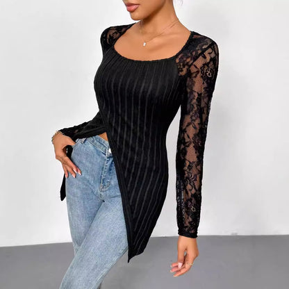 Simple Lace Stitching Long Sleeve Irregular Asymmetric Hem Slim T shirt Top for Women