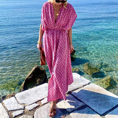 Women Clothing Deep V Plunge neck Mid Length Printed Beach Holiday Dress