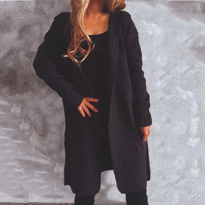 Autumn Winter Casual Minimalist Long Sleeve Button Hooded Sweater Cardigan Coat Women